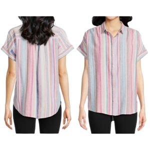 Time & Tru Plus Pink Mixed Striped Blouse Linen Blend Button-up Dolman